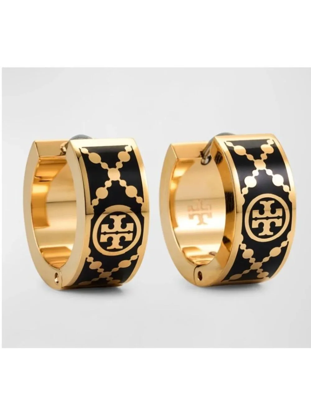 ✺ Tory Burch Black and Gold T-Monogram Huggie Earrings ✺✺